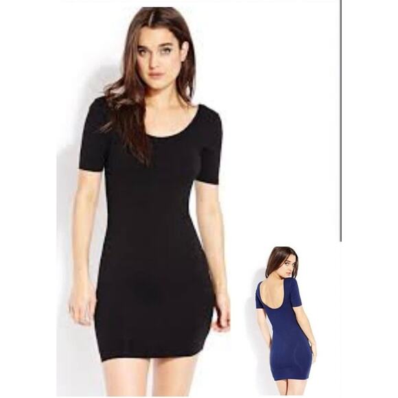Forever 21 Blue Scoop Neck Stretch Short Sleeve Bodycon Mini Dress Size Small - Picture 1 of 10